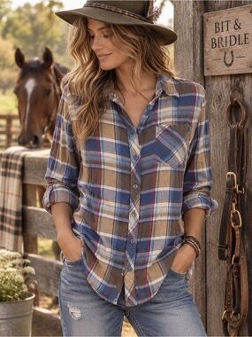 Bit & Bridle Plaid Cotton Button Down Shirt S Equestrian Western